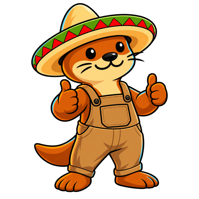 Ottie in overalls and a sombrero
